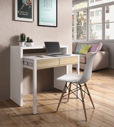 Consola escritorio extesible Bureau en roble canadian/blanco artik