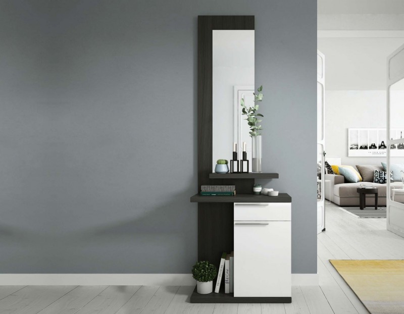Mueble recibidor 1 cajón + espejo, color roble y óxido, 92 cm