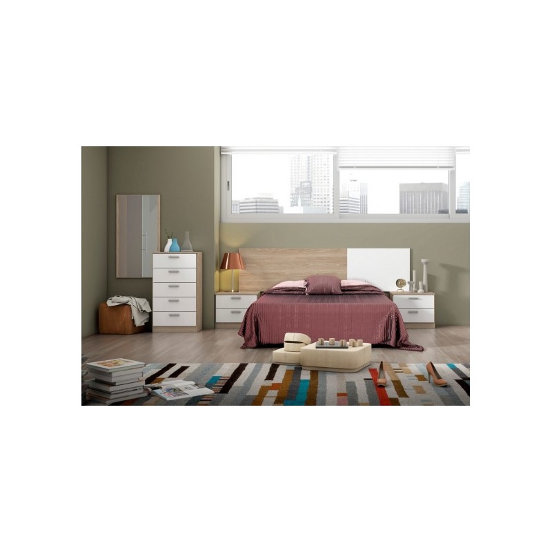 Habitación Matrimonio Completa en Color Roble y Blanco Estilo Nórdico  (Cama+cabecero+2 mesitas+cómoda)