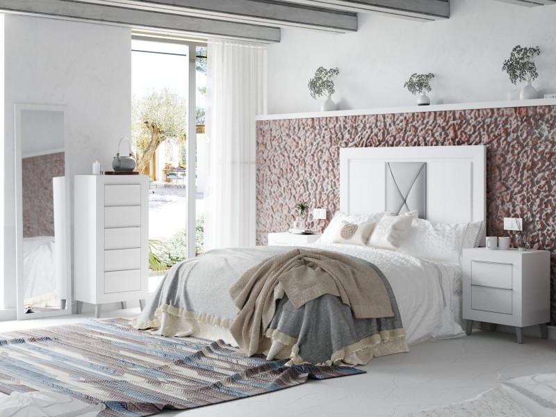 dormitorio completo nantes con dos mesitas cannes tres cajones en color  sahara/blanco